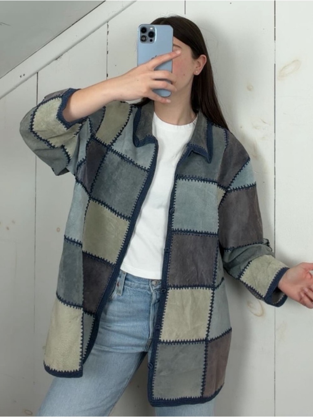 Vintage Blue Colorblock Suede Leather Crochet Patchwork Jacket Women’s XL/XXL